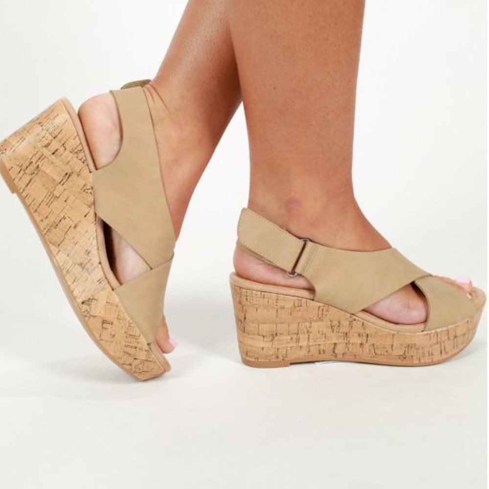 Nude Slingback Platform Cork Wedge Sandals - Picture 3 of 5
